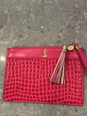 Pink Croc-Embossed  LEATHER Wristlet Clutch with Tassel